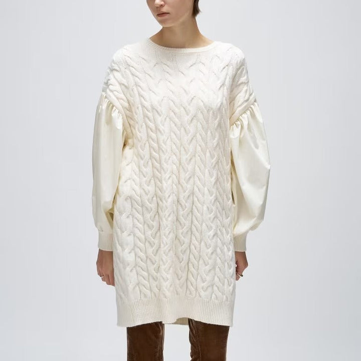 麻花針織拼接連身裙 - 象牙白｜cloenc