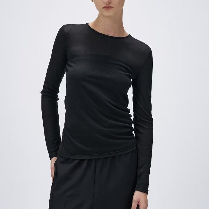 薄透圓領長袖上衣 - 黑｜cloenc