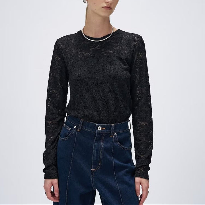 花卉蕾絲圓領長袖上衣 - 黑｜cloenc