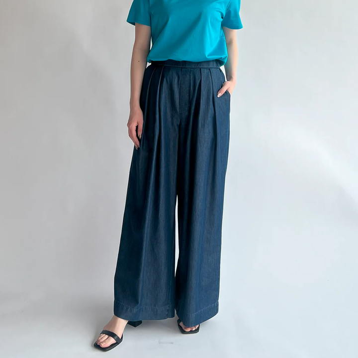 天絲丹寧打褶鬆緊長褲 - 靛藍｜BRAHMIN