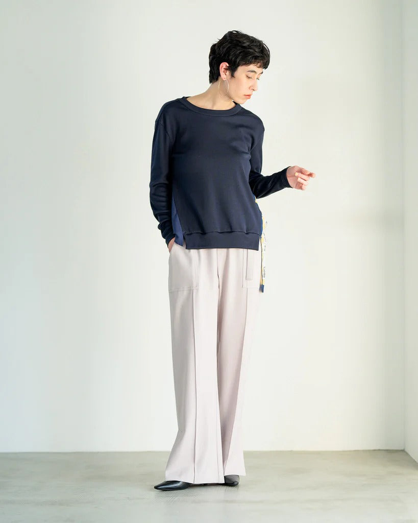 後背拼接絲巾羅紋上衣 - 深藍｜Lallia Mu 日本製