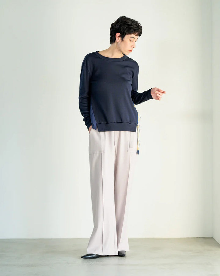 後背拼接絲巾羅紋上衣 - 深藍｜Lallia Mu 日本製