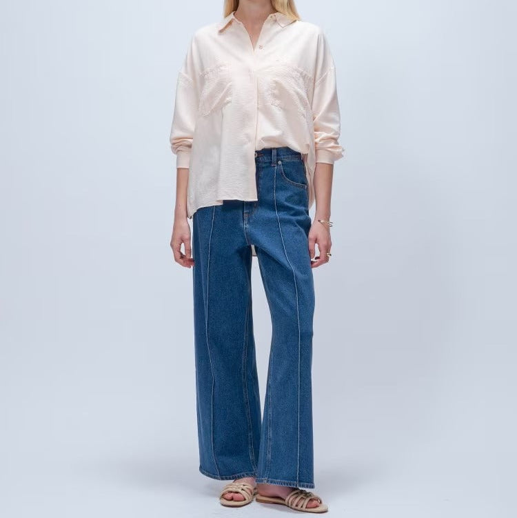 中線設計彈性丹寧寬褲 - 淺藍｜cloenc