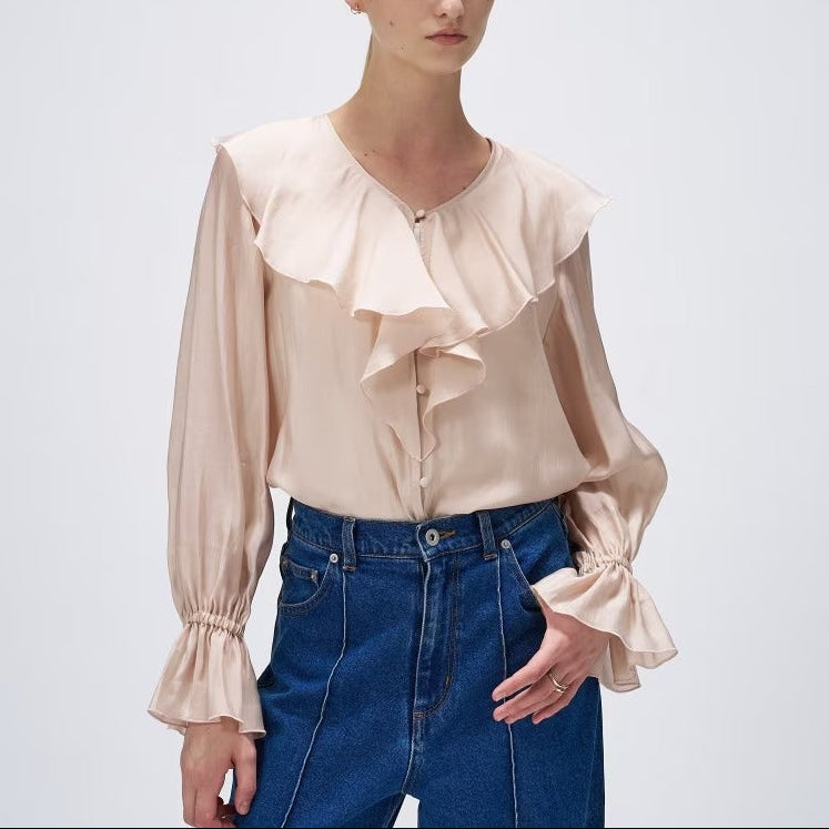柔美荷葉V領襯衫 - 粉膚｜cloenc