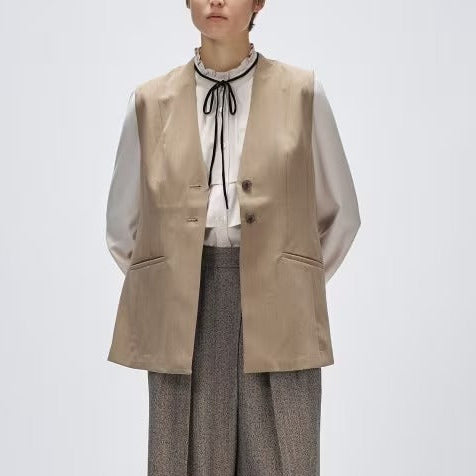 斜紋A字長版馬甲外套 - 灰米｜cloenc