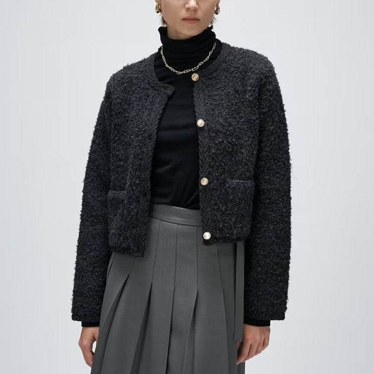 圈圈紗開襟衫 - 黑｜cloenc