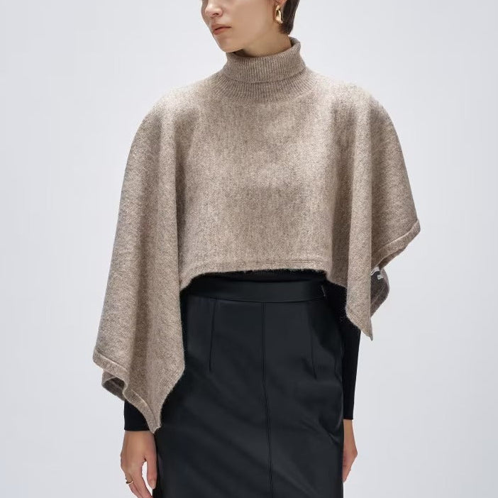 不對稱高領針織斗篷 - 灰米｜cloenc