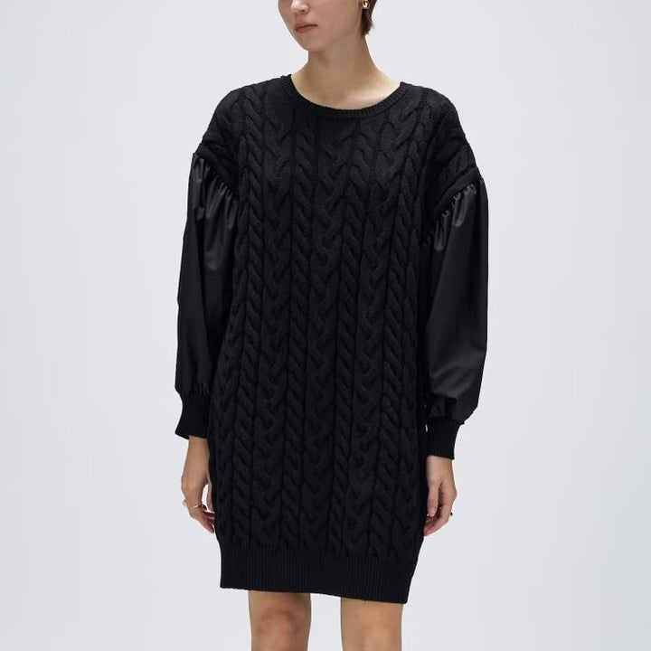 麻花針織拼接連身裙 - 黑｜cloenc