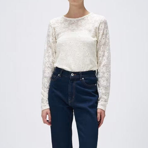 花卉蕾絲圓領長袖上衣 - 米白｜cloenc