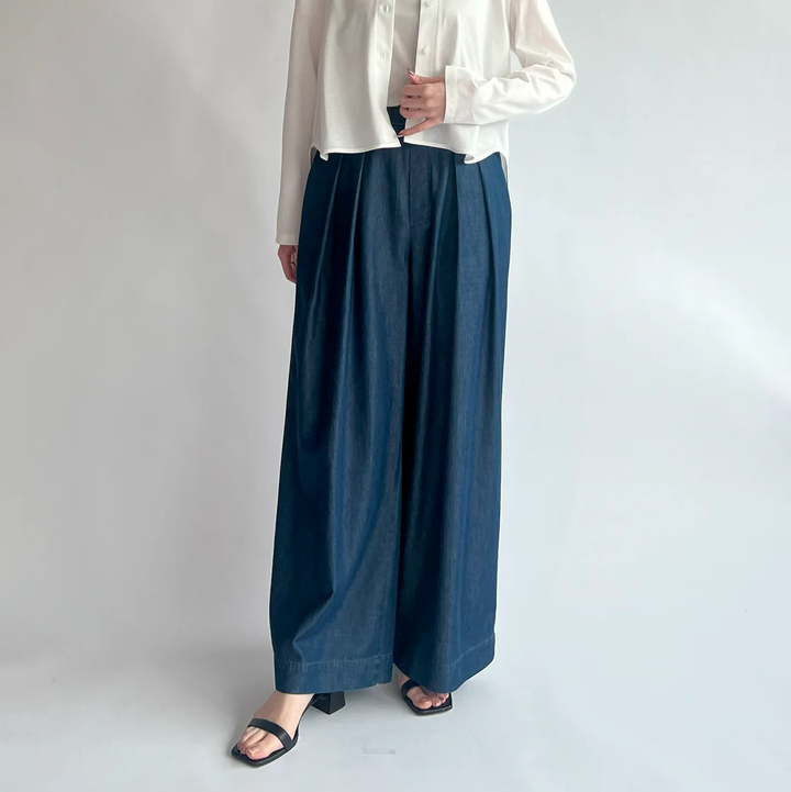 天絲丹寧打褶鬆緊長褲 - 靛藍｜BRAHMIN