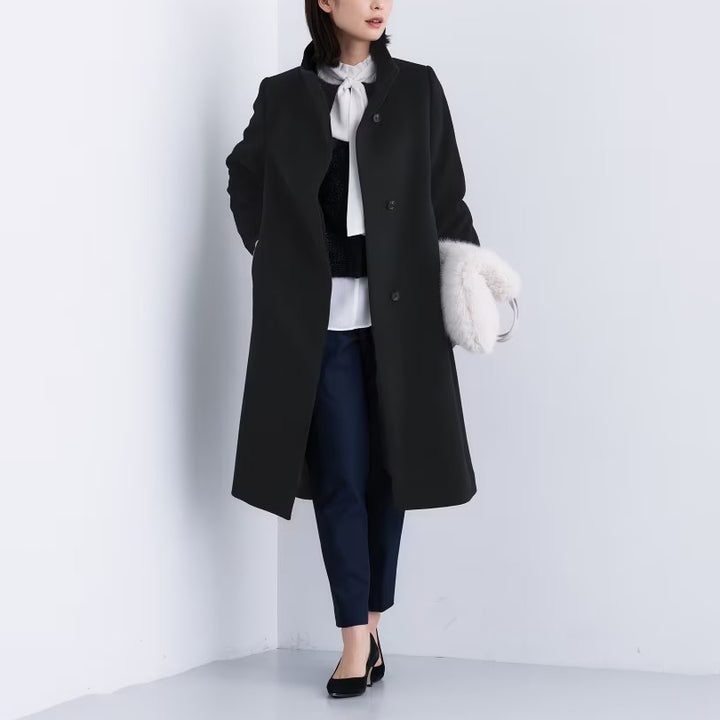 100％羊毛立領長版大衣 - 黑｜INDIVI 日本製