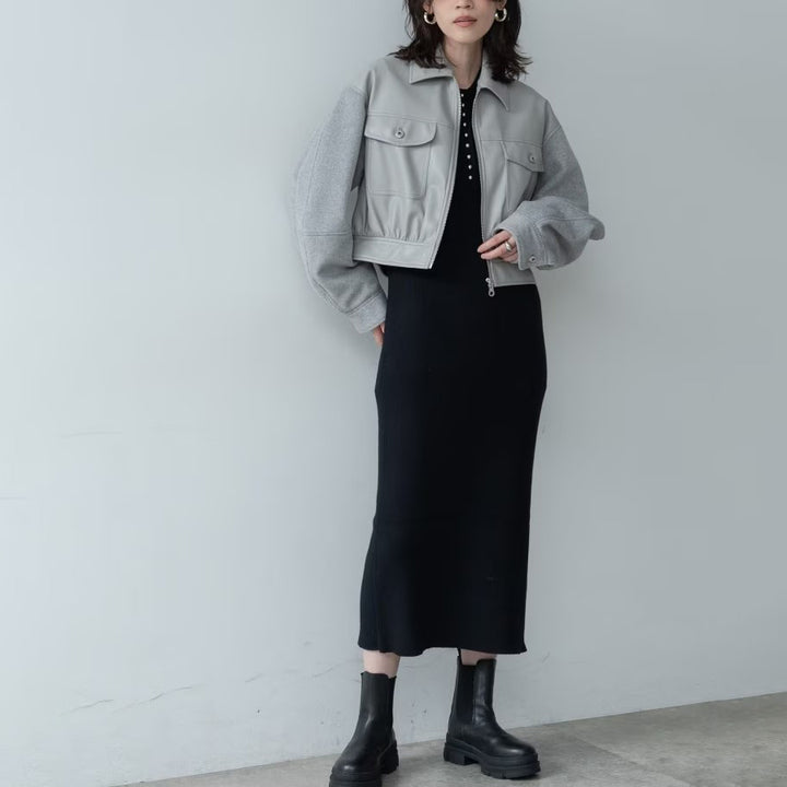 皮革質感拼接短版外套 - 淺灰｜GALLEST