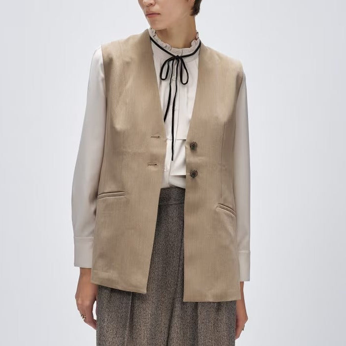 斜紋A字長版馬甲外套 - 灰米｜cloenc