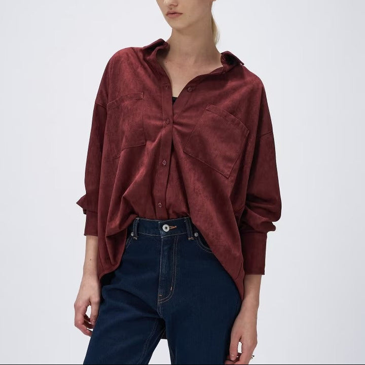 麂皮感雙口袋襯衫 - 酒紅｜cloenc