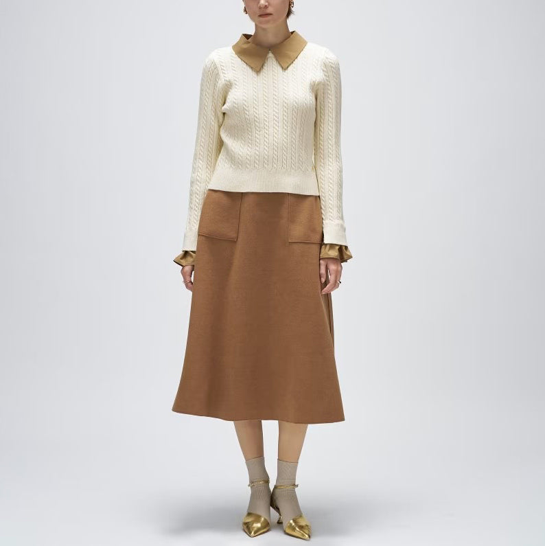 2WAY雙色細麻花針織上衣 - 米白｜cloenc