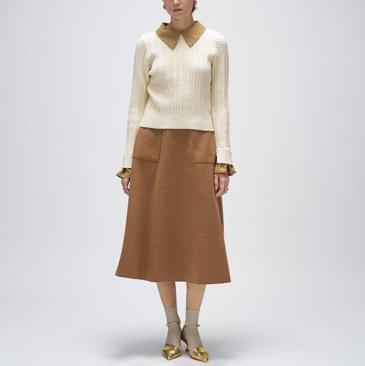 2WAY雙色細麻花針織上衣 - 米白｜cloenc