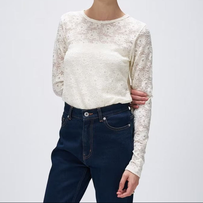 花卉蕾絲圓領長袖上衣 - 米白｜cloenc