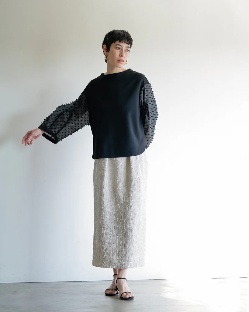 立體提花袖拼接上衣 - 黑｜Lallia Mu 日本製