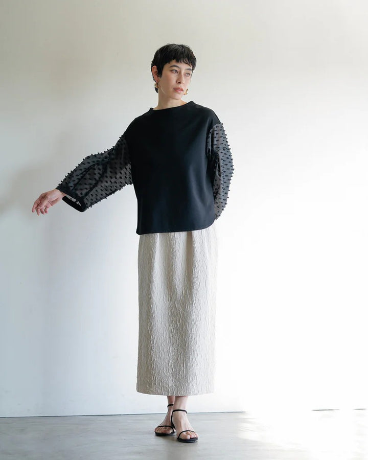 立體提花袖拼接上衣 - 黑｜Lallia Mu 日本製