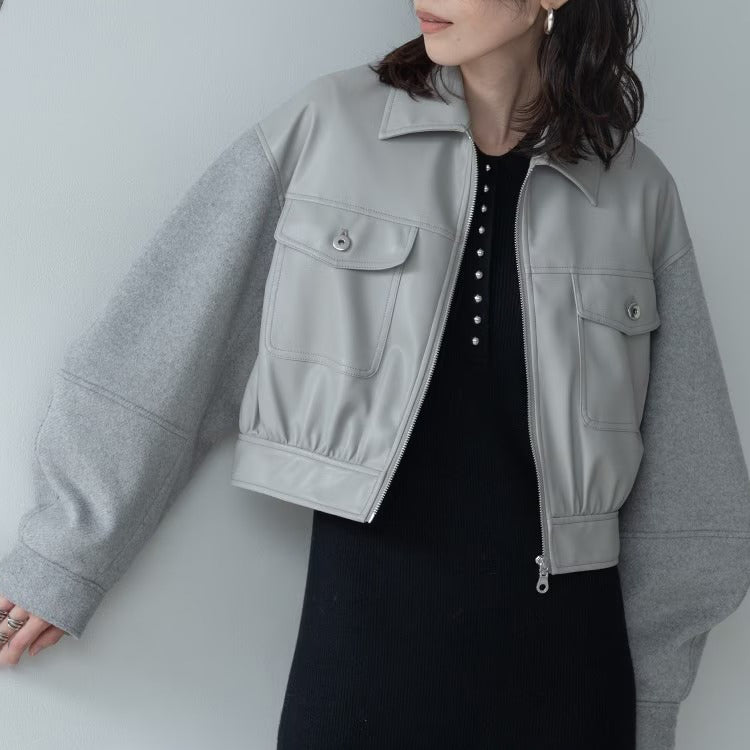 皮革質感拼接短版外套 - 淺灰｜GALLEST