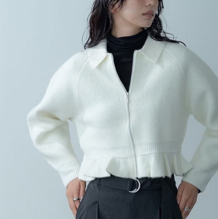 荷葉下擺拉鍊開襟衫 - 米白｜GALLEST