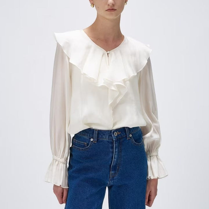 柔美荷葉V領襯衫 - 米白｜cloenc