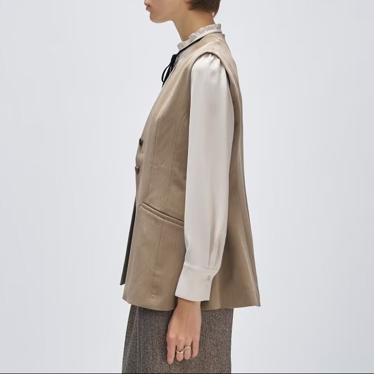 斜紋A字長版馬甲外套 - 灰米｜cloenc