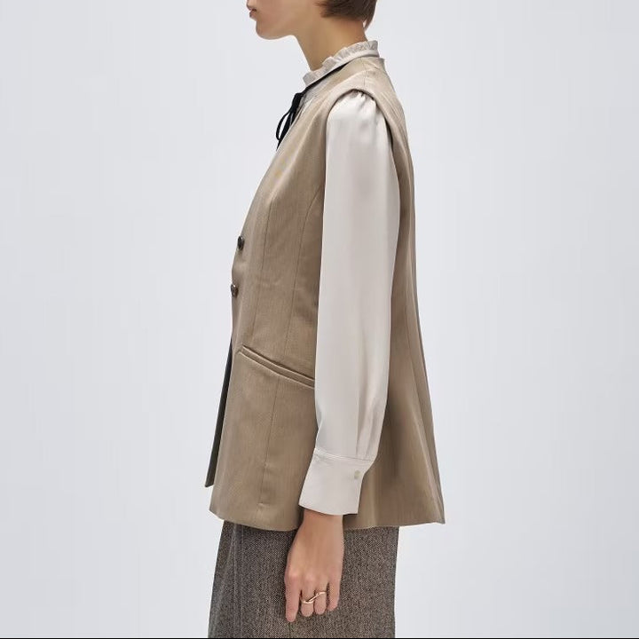 斜紋A字長版馬甲外套 - 灰米｜cloenc