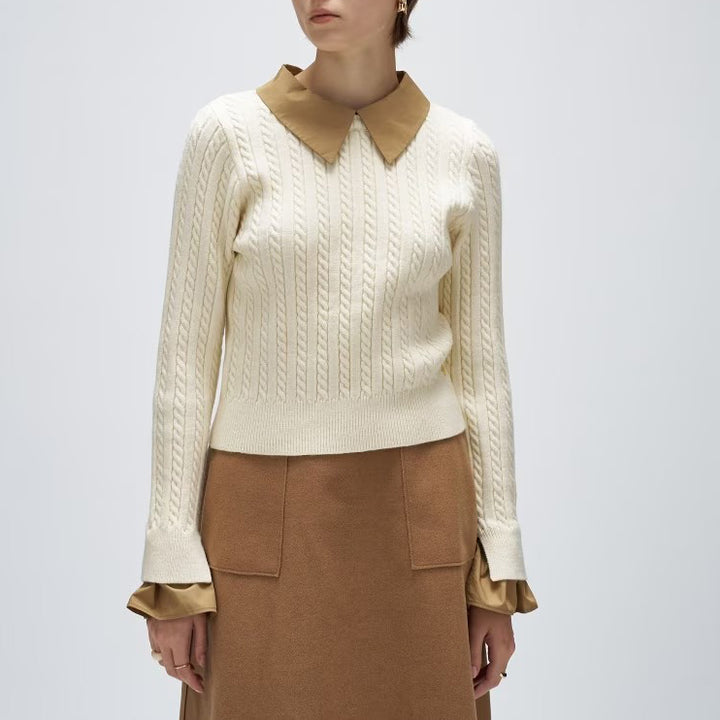 2WAY雙色細麻花針織上衣 - 米白｜cloenc