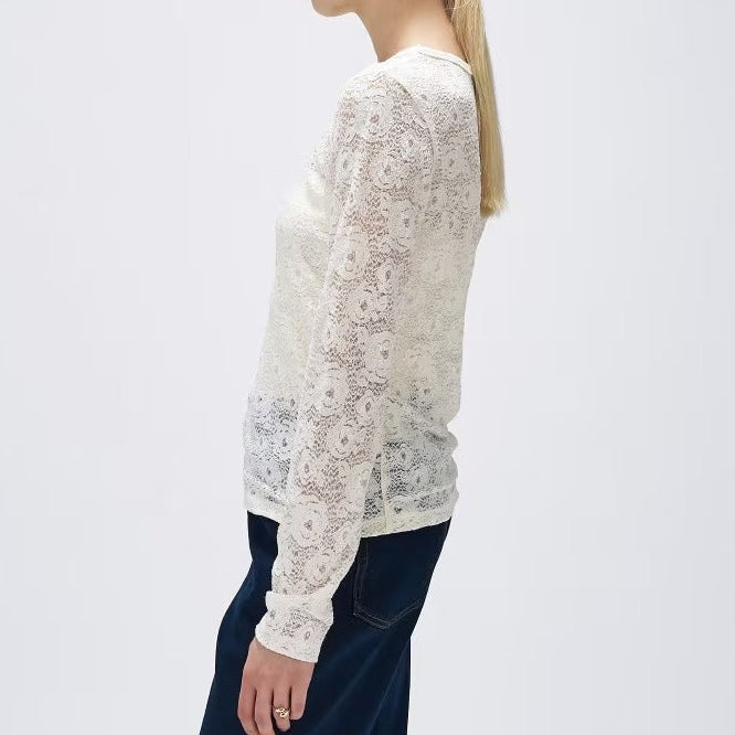 花卉蕾絲圓領長袖上衣 - 米白｜cloenc