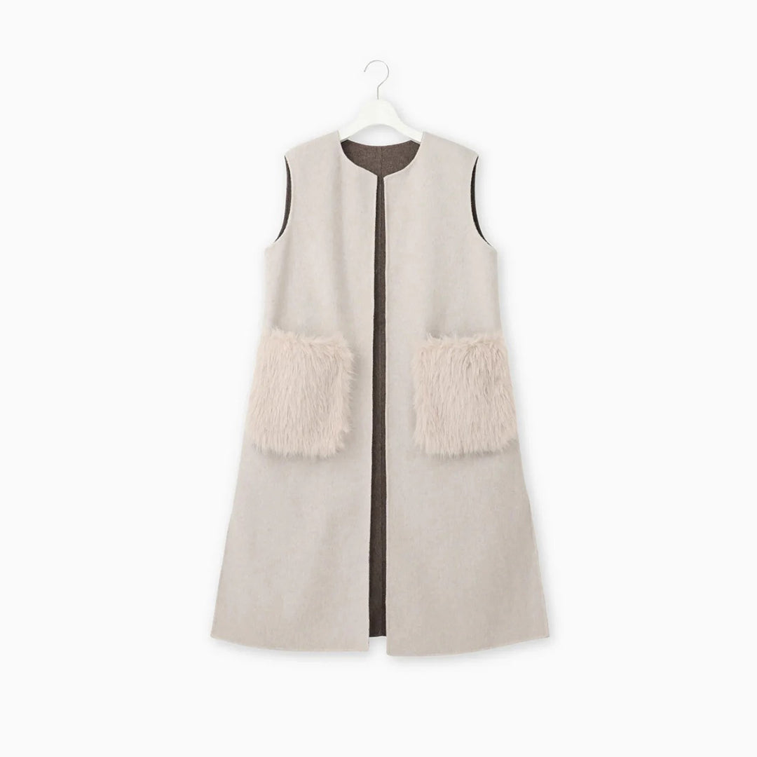 2WAY絨毛口袋背心長版外套 - 淺米｜BEATRICE