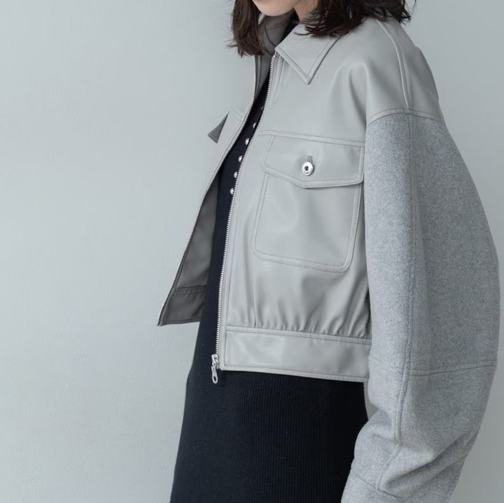 皮革質感拼接短版外套 - 淺灰｜GALLEST
