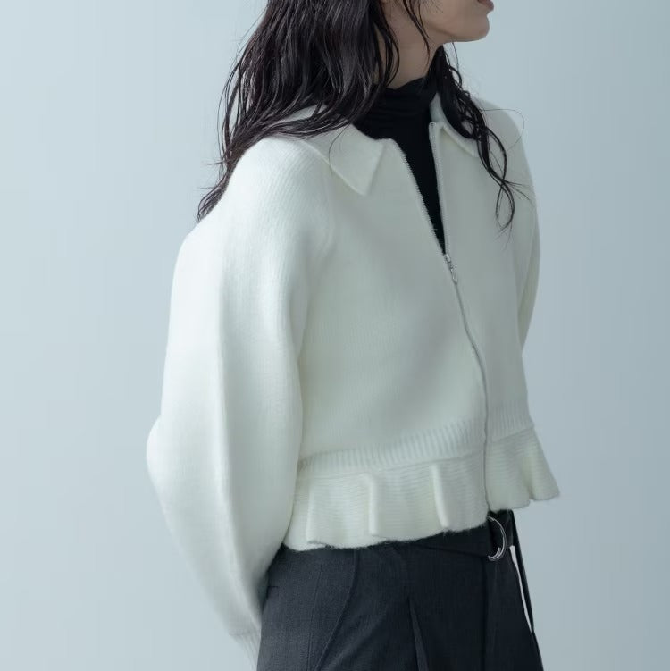 荷葉下擺拉鍊開襟衫 - 米白｜GALLEST