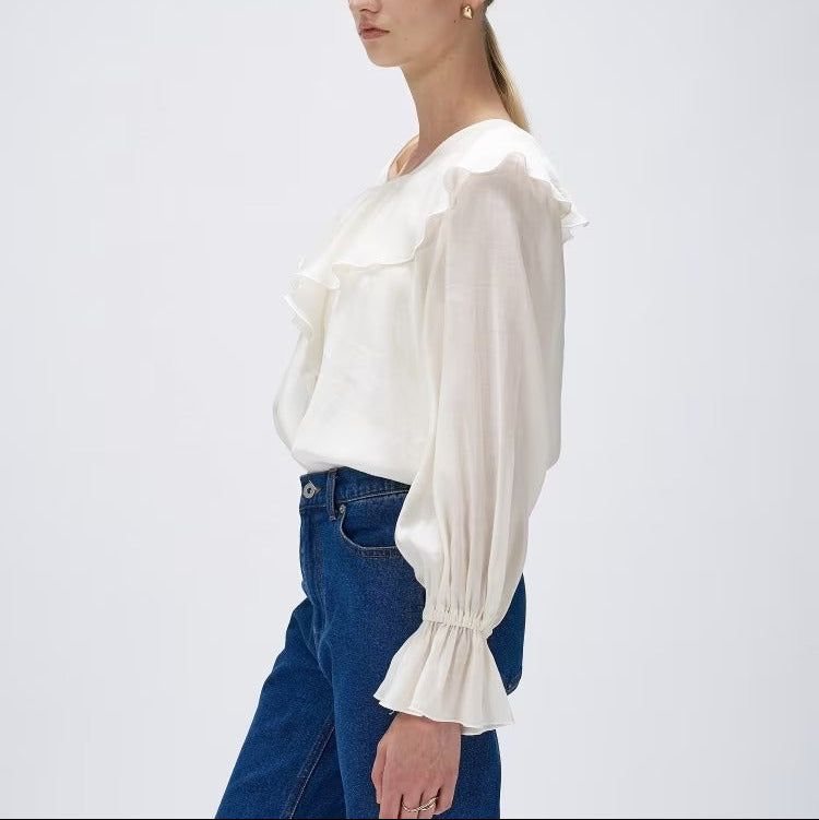 柔美荷葉V領襯衫 - 米白｜cloenc