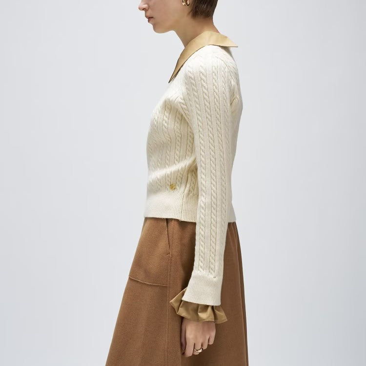 2WAY雙色細麻花針織上衣 - 米白｜cloenc