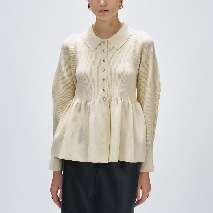 荷葉擺立體袖針織上衣 - 米白｜cloenc