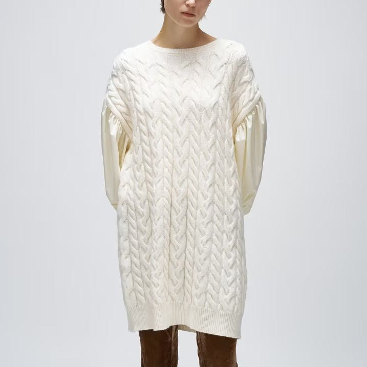 麻花針織拼接連身裙 - 象牙白｜cloenc