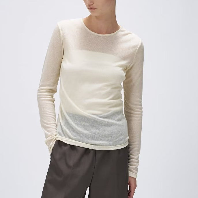 薄透圓領長袖上衣 - 米白｜cloenc