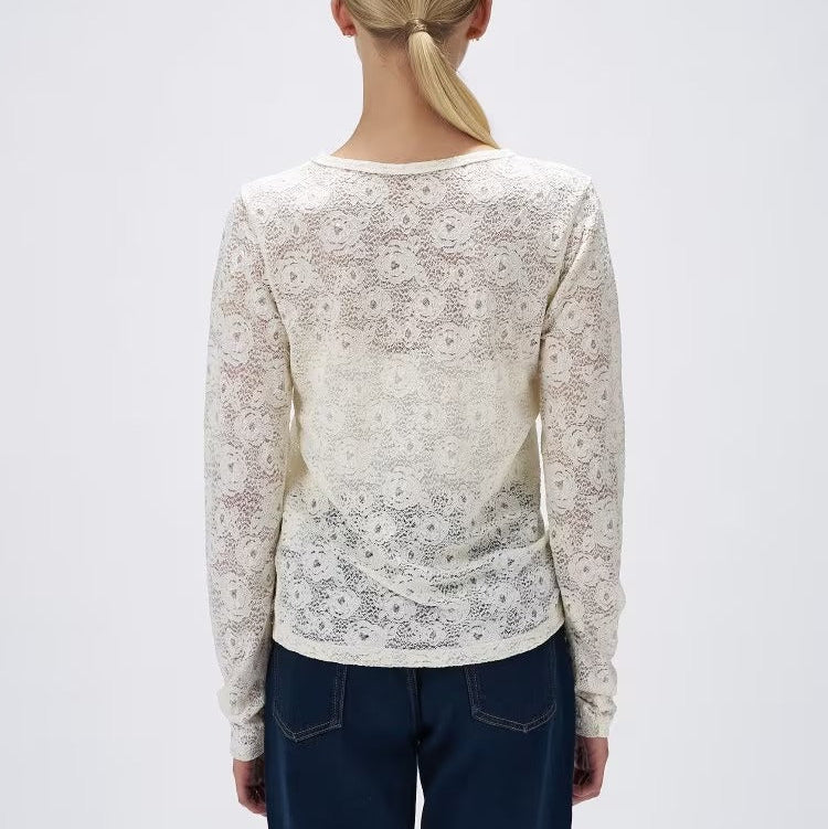花卉蕾絲圓領長袖上衣 - 米白｜cloenc