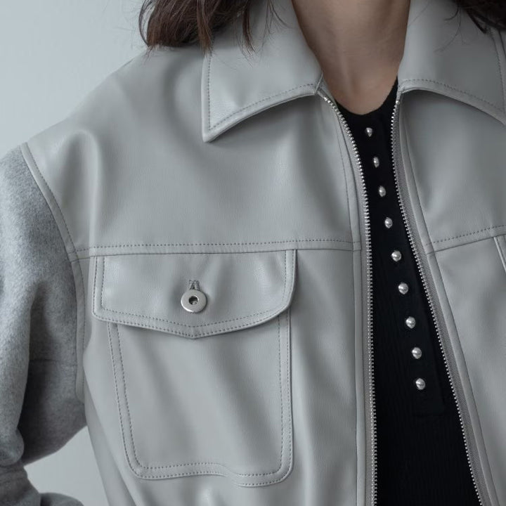 皮革質感拼接短版外套 - 淺灰｜GALLEST