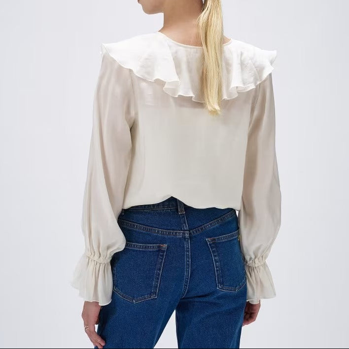 柔美荷葉V領襯衫 - 米白｜cloenc