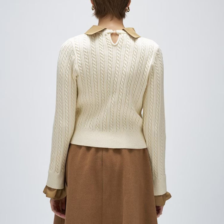 2WAY雙色細麻花針織上衣 - 米白｜cloenc