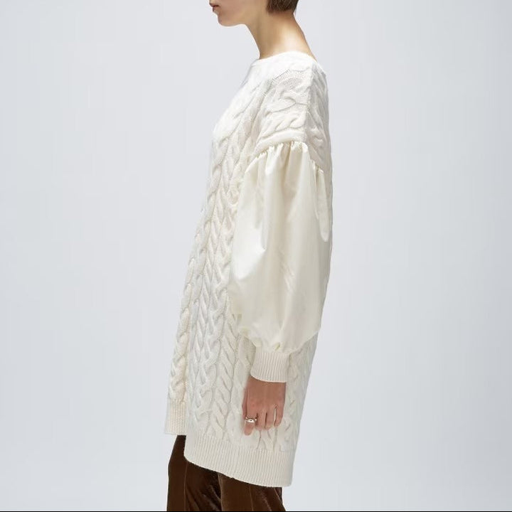 麻花針織拼接連身裙 - 象牙白｜cloenc