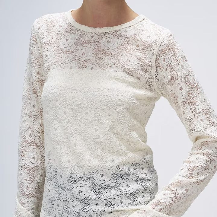 花卉蕾絲圓領長袖上衣 - 米白｜cloenc