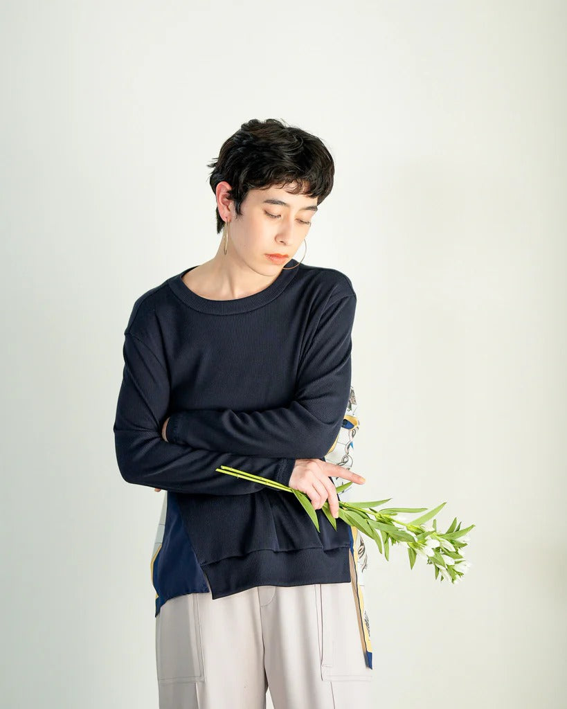 後背拼接絲巾羅紋上衣 - 深藍｜Lallia Mu 日本製