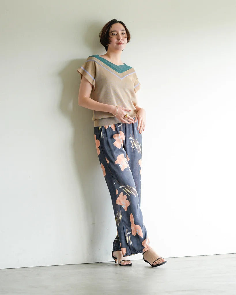花卉印花緞面長褲 - 深藍｜Lallia Mu 日本製