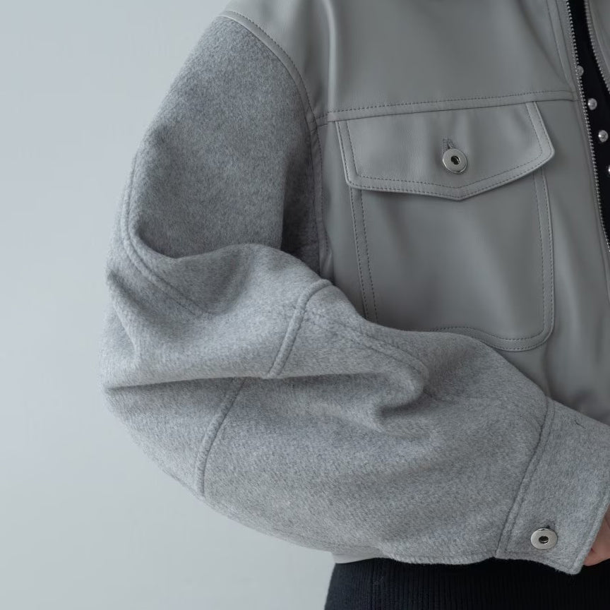 皮革質感拼接短版外套 - 淺灰｜GALLEST