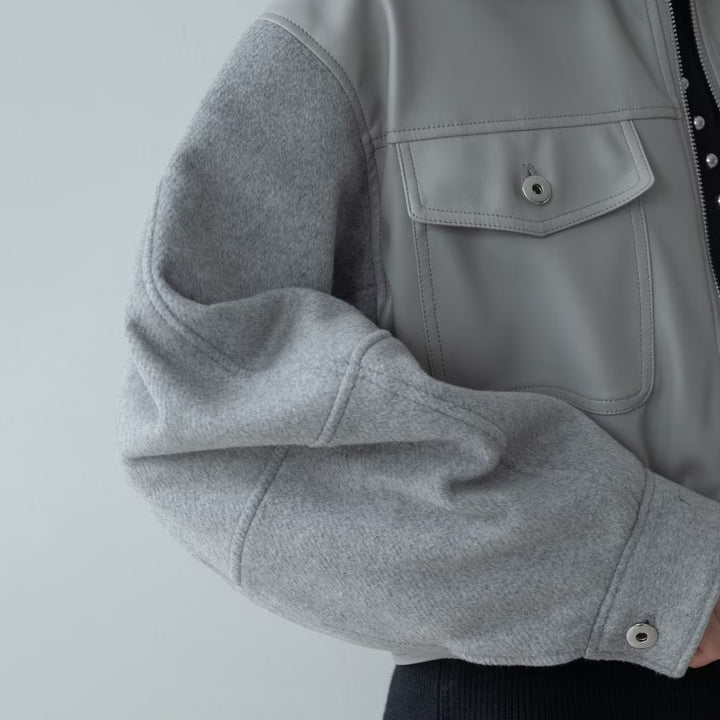 皮革質感拼接短版外套 - 淺灰｜GALLEST