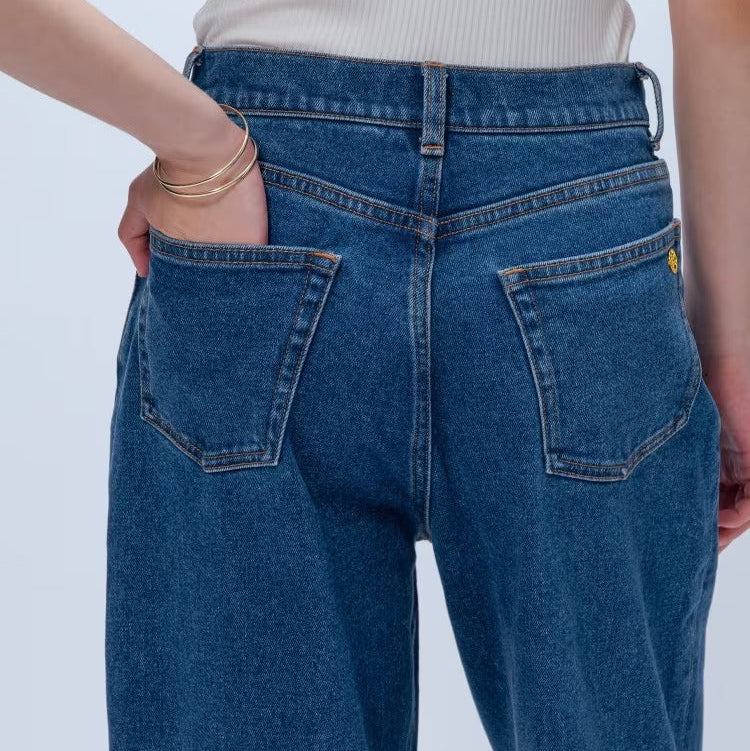 中線設計彈性丹寧寬褲 - 淺藍｜cloenc