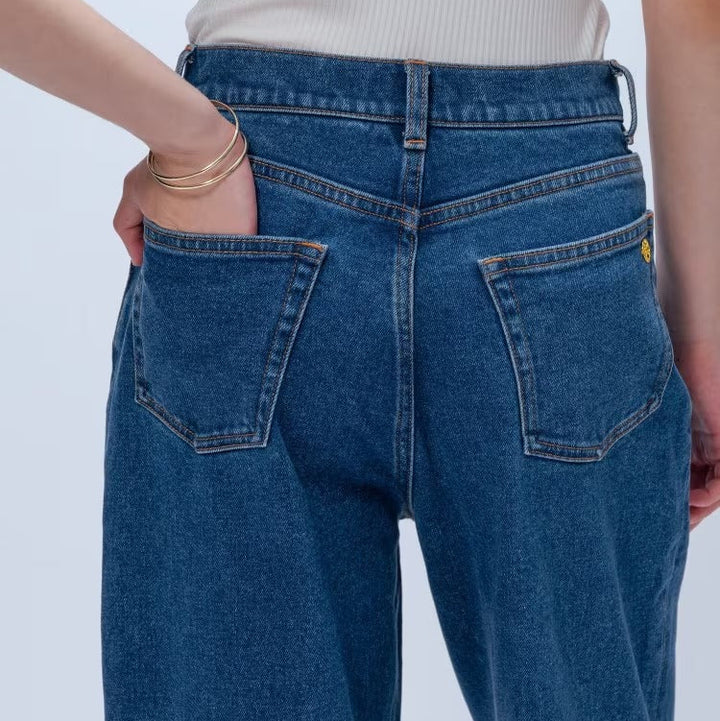 中線設計彈性丹寧寬褲 - 淺藍｜cloenc